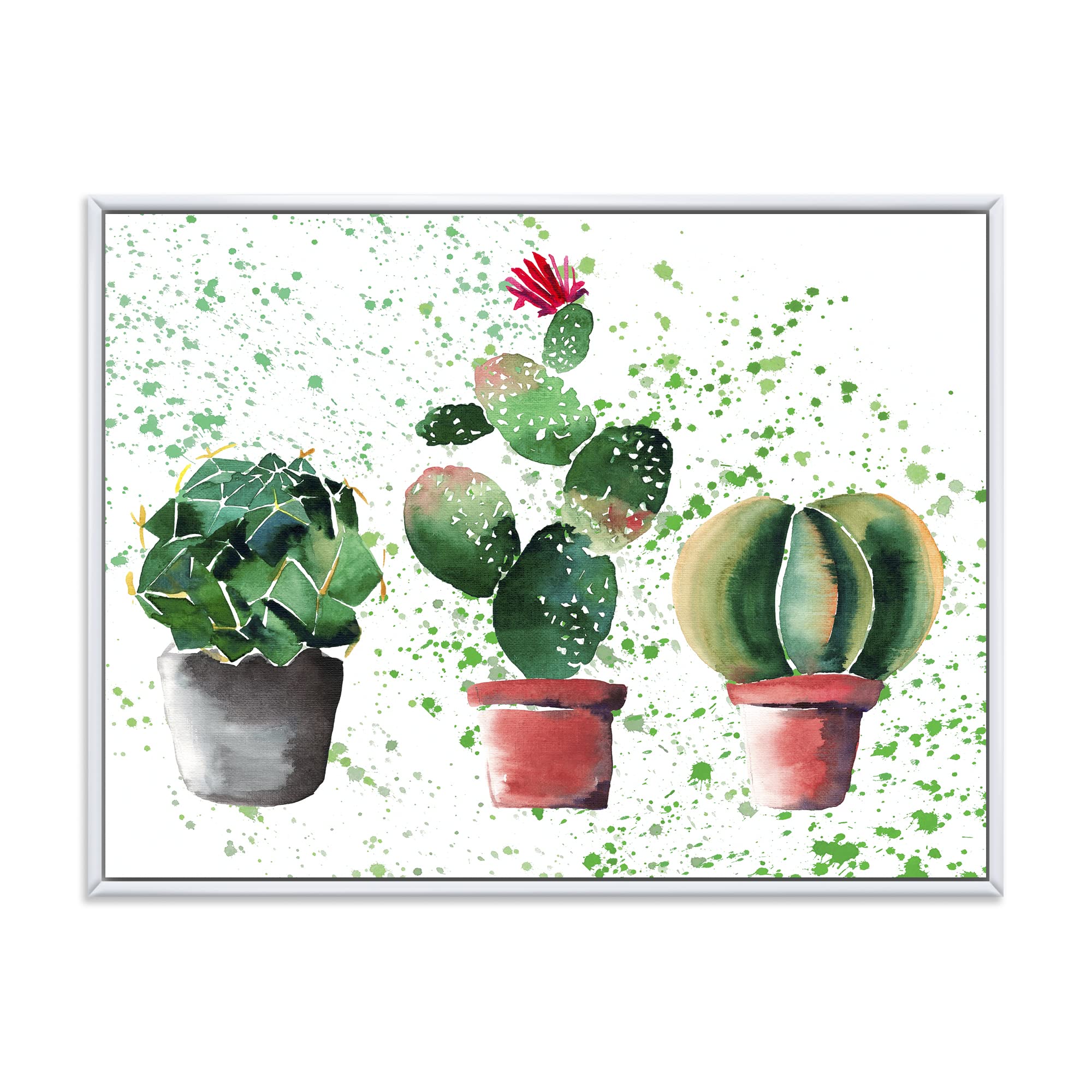 Three Cacti In Clay Pots - Traditional Framed Canvas Wall Art Print for Home & Office Decor | Desert Theme Living Room & Bedroom Wall Decor