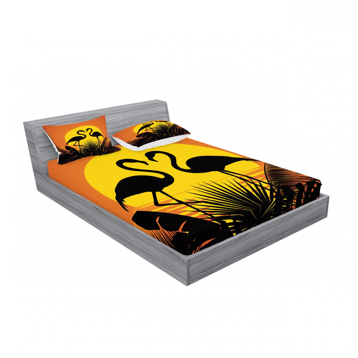 Ambesonne Tropical 2-Piece Fitted Sheet & 4-Piece Pillow Sham Set - Sunset Flamingo Leaves Pattern - Dark Orange Yellow Black - Queen Size Bedding Decor for Beach House, Guest Room & Tropical Themed Bedrooms