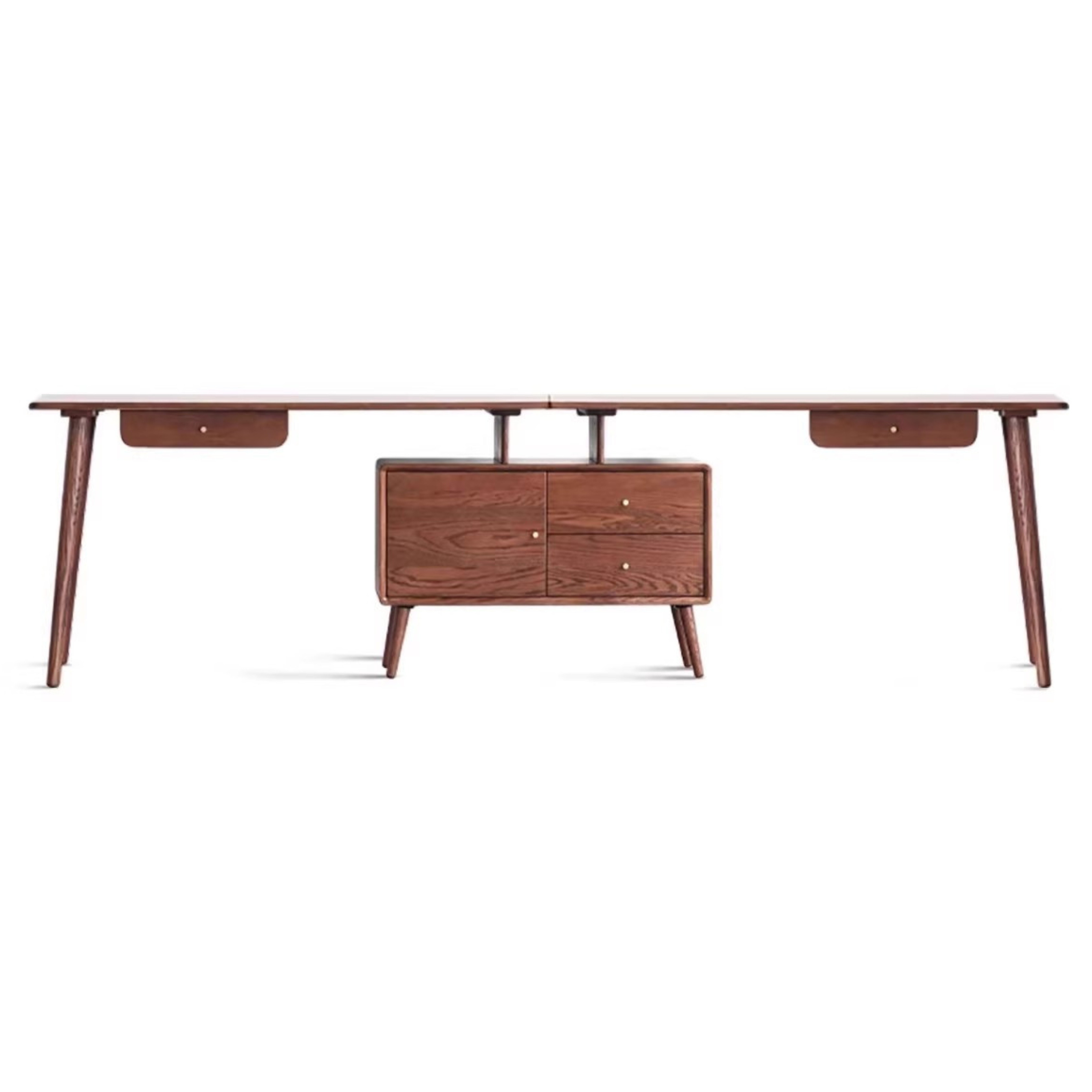 110.2-124.8x22x29.5 inch / 280-317x56x75сm / Walnut color / telescopic desk x 2+cabinet x 1