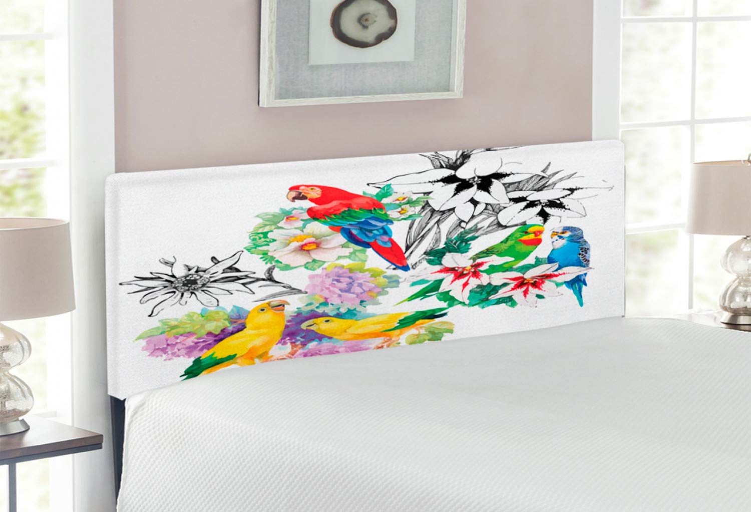 Ambesonne Parrot Print Upholstered Headboard - Full Size Decorative Metal Bed Frame with Memory Foam, Tropical Jungle Bird & Floral Foliage Design, Multicolor | Perfect for Bedroom Decor, Guest Rooms & Bohemian Style Homes
