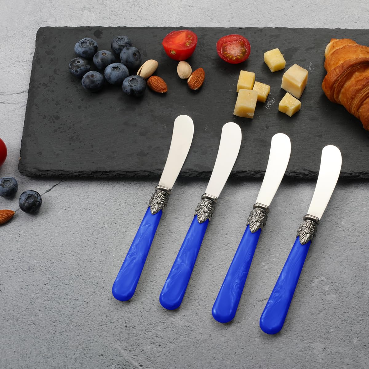 REVERIE 4-Piece Stainless Steel Butter Spreader and Cheese Knife Set - Elegant Bread Knives with Blue Handle - Perfect for Cheese Platters, Breakfast Spreads & Hostess Gifts