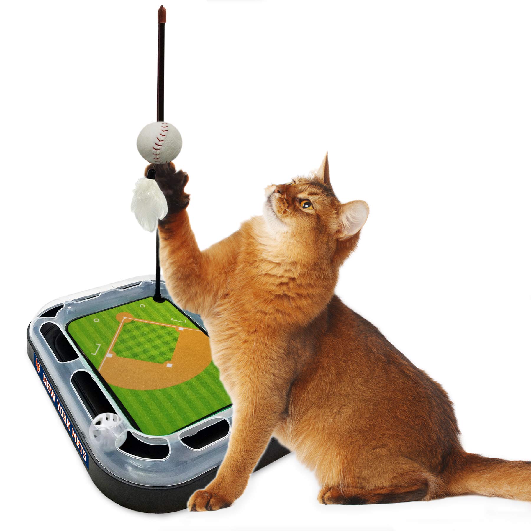 MLB New York Mets Baseball Field Cat Scratcher Toy with Interactive Ball & Bell - 5-in-1 Cat Toy Set Includes Scratching Pad, Wand with Catnip Plush Baseball & Feathers - Perfect for Playtime, Exercise & Stress Relief for Indoor Cats