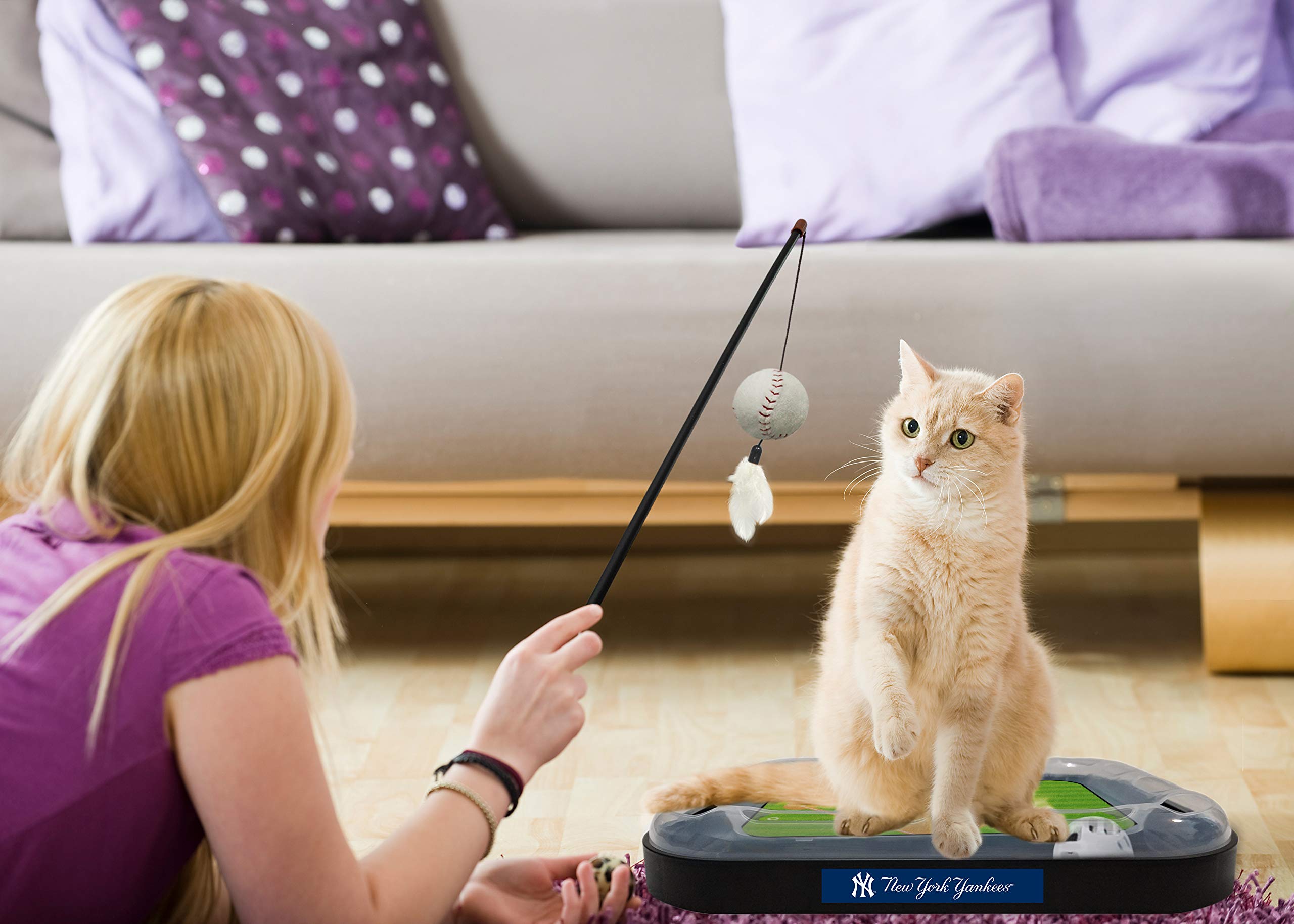 New York Yankees Baseball Field Cat Scratching Toy - 5-in-1 Interactive Cat Scratcher with Ball Bell, Catnip Plush & Feather Wand - Perfect for Playtime, Exercise & Stress Relief for Indoor Cats