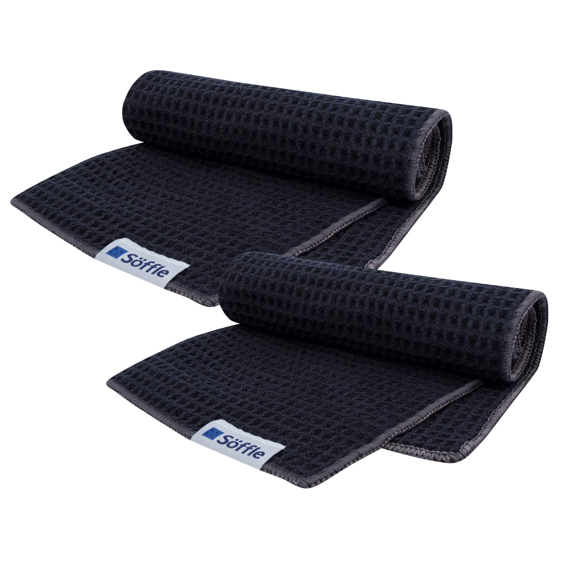 Premium Soffle Waffle Golf Towels - 2 Pack 16x16 Inch Microfiber Golf Towels with Clip | Quick-Drying, Absorbent & Durable | Perfect for Golf Course, Driving Range & Club Cleaning (Black & Silver)