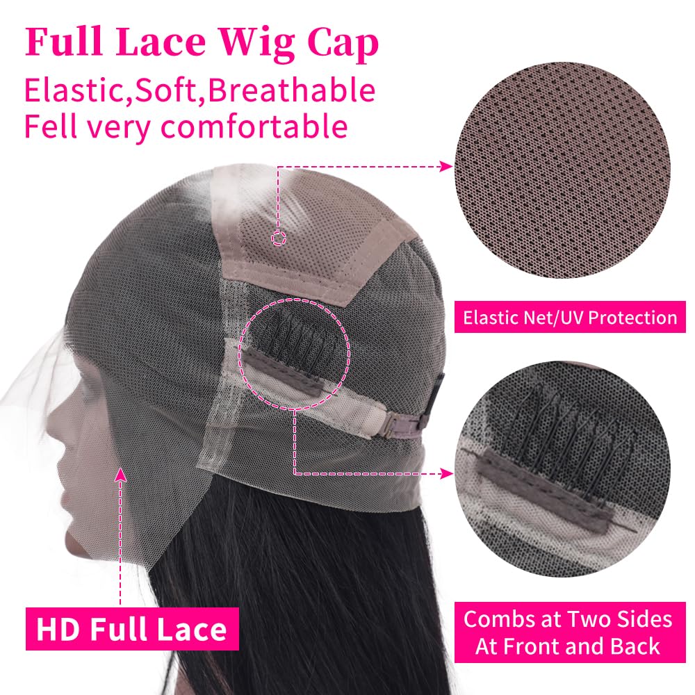 100% Human Hair Full Lace Wigs - Straight 180% Density Hand-Tied Lace Front Wig 28 Inch Natural Black - Perfect for Daily Wear, Cosplay & Special Occasions