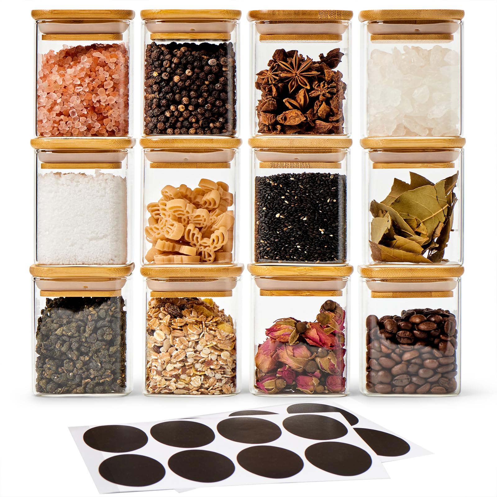 EZOWare 12-Pack 6oz Square Glass Jars with Bamboo Lids & Chalkboard Labels - Airtight Food Storage Containers for Spices, Coffee, Tea | Perfect for Kitchen Organization, Bathroom Essentials & Party Favors | Home Decor & DIY Gift Ideas