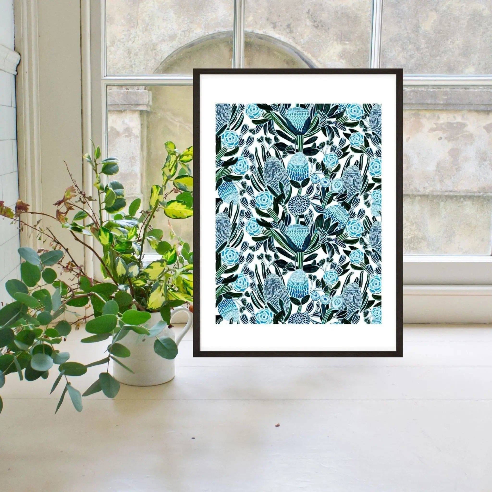 Blue Banksia Botanical Wall Art Print - Australian Floral Decor for Living Room, Bedroom & Office - Perfect for Home & Office Decor
