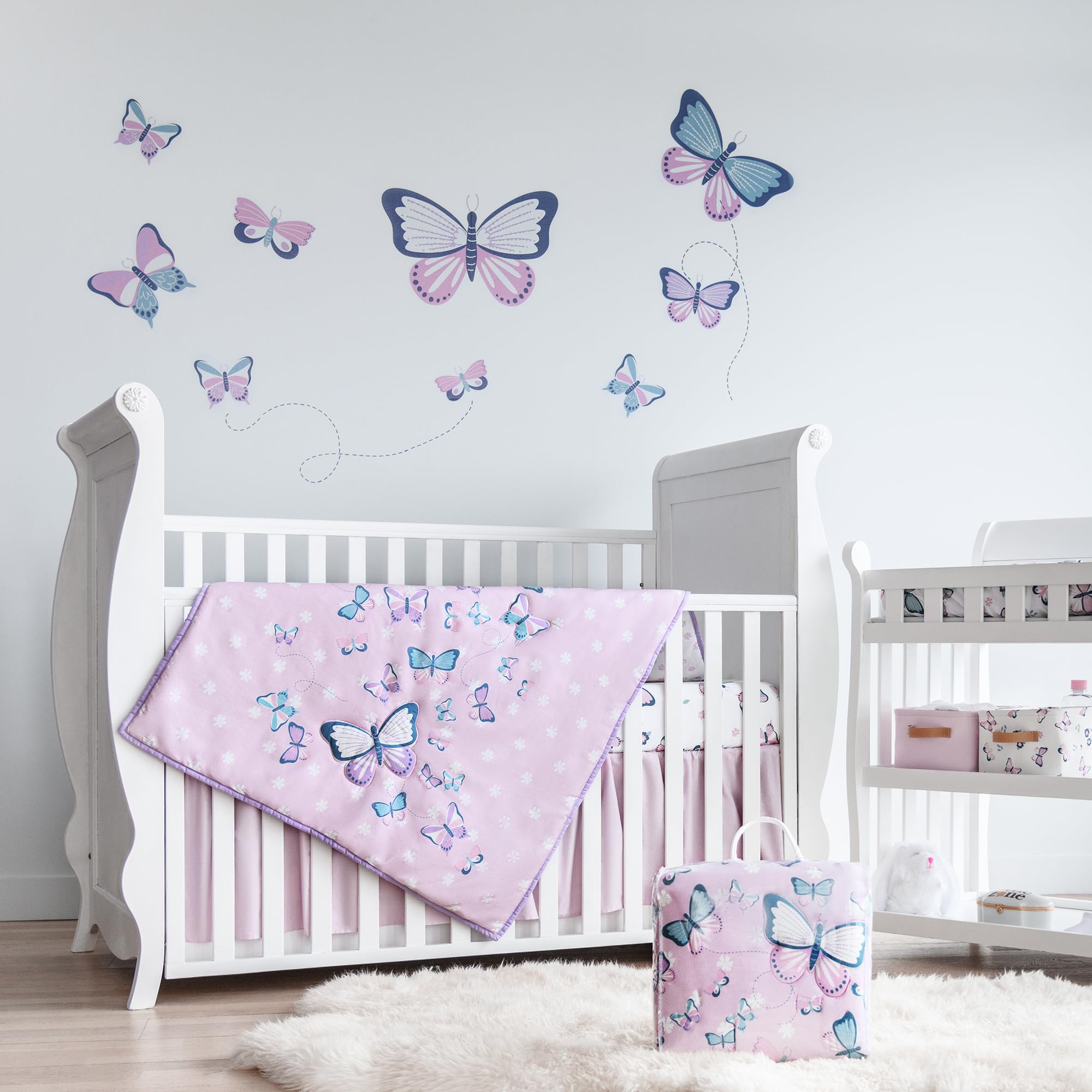 Butterfly Crib Bedding Set for Girls - 5 Piece Nursery Set with Soft Baby Blanket, 2 Fitted Crib Sheets, Ruffled Crib Skirt & Removable Wall Decals - Pink & White Floral Butterfly Theme - Perfect for Baby Shower Gifts & Nursery Room Decor