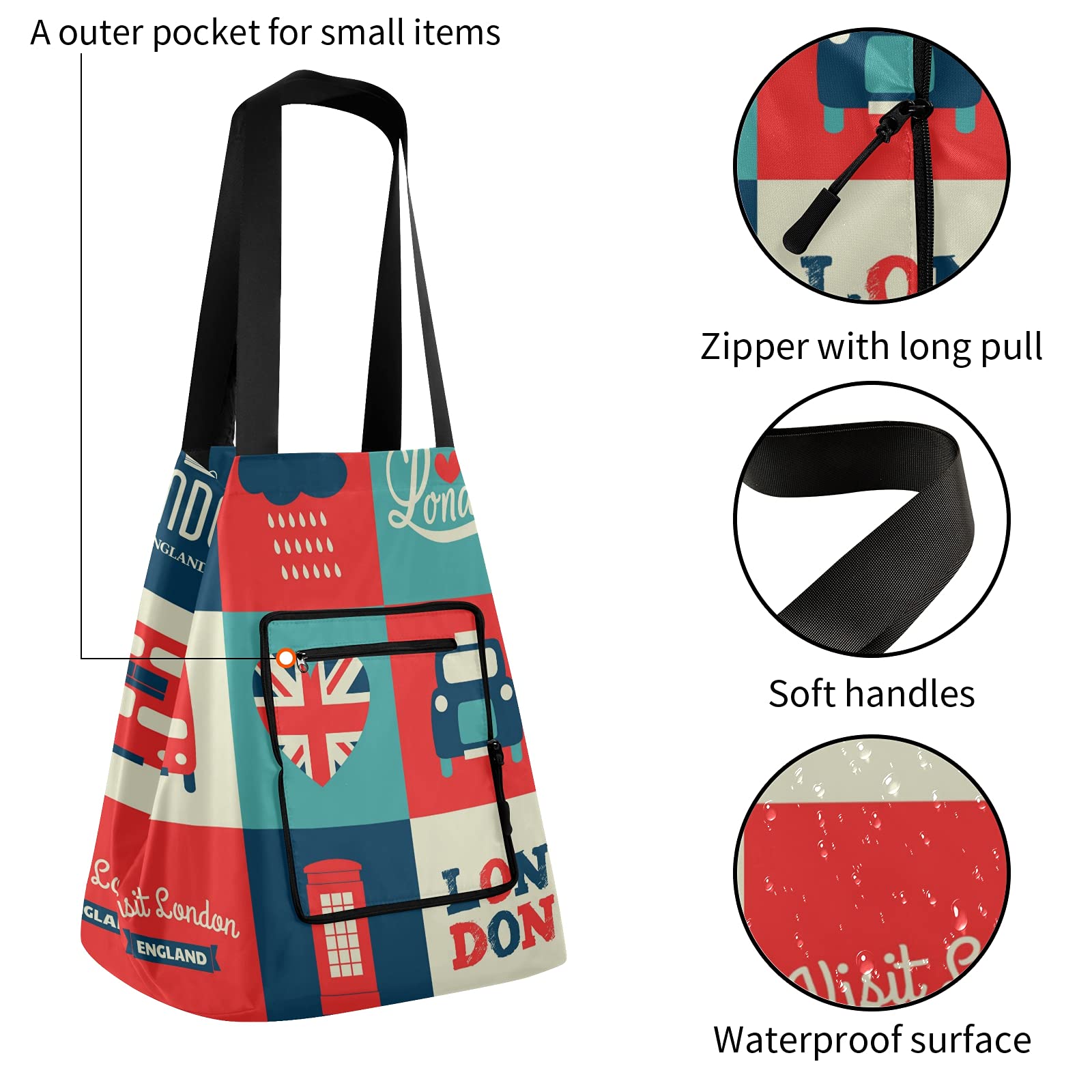 ALAZA Cartoon London British Flag Union Jack Large Reusable Tote Bag - Foldable Lightweight Grocery Shopping Bag with Handles for Women & Men | Perfect for Outdoors, Picnic, Travel, Beach & Daily Use