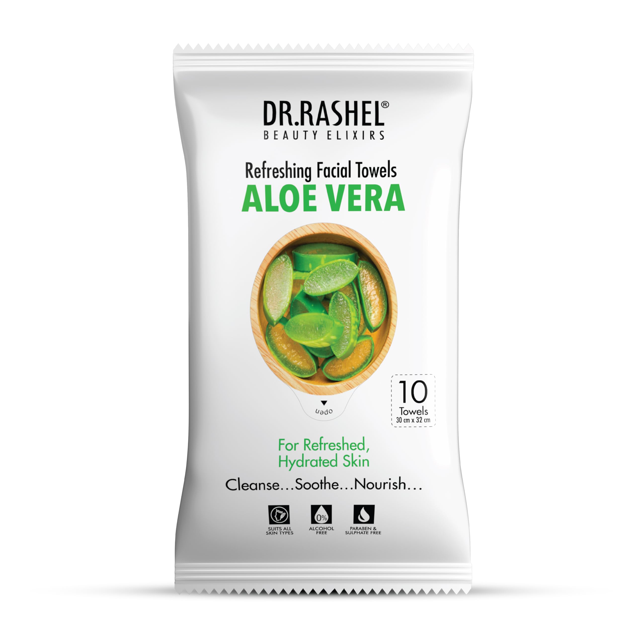 DR.Rashel's Aloe Vera Facial Towel Pack (10 Count) - Soothing & Hydrating Face Wipes for Sensitive Skin, Travel & Gym Use