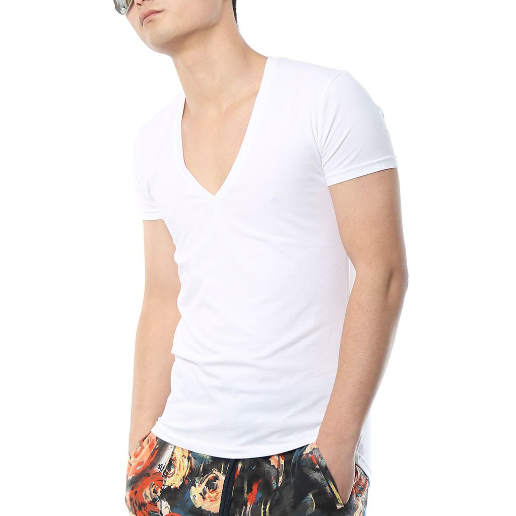 Men's Slim Fit V Neck T-Shirt - Tight Tee with Stepped Hem for Casual Wear & Gym Workouts