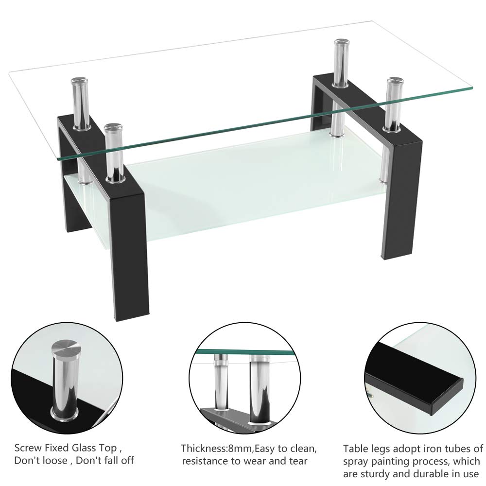 Modern Black Rectangle Glass Coffee Table with Metal Legs & Lower Shelf - Stylish Living Room Centerpiece for Home Decor & Entertaining
