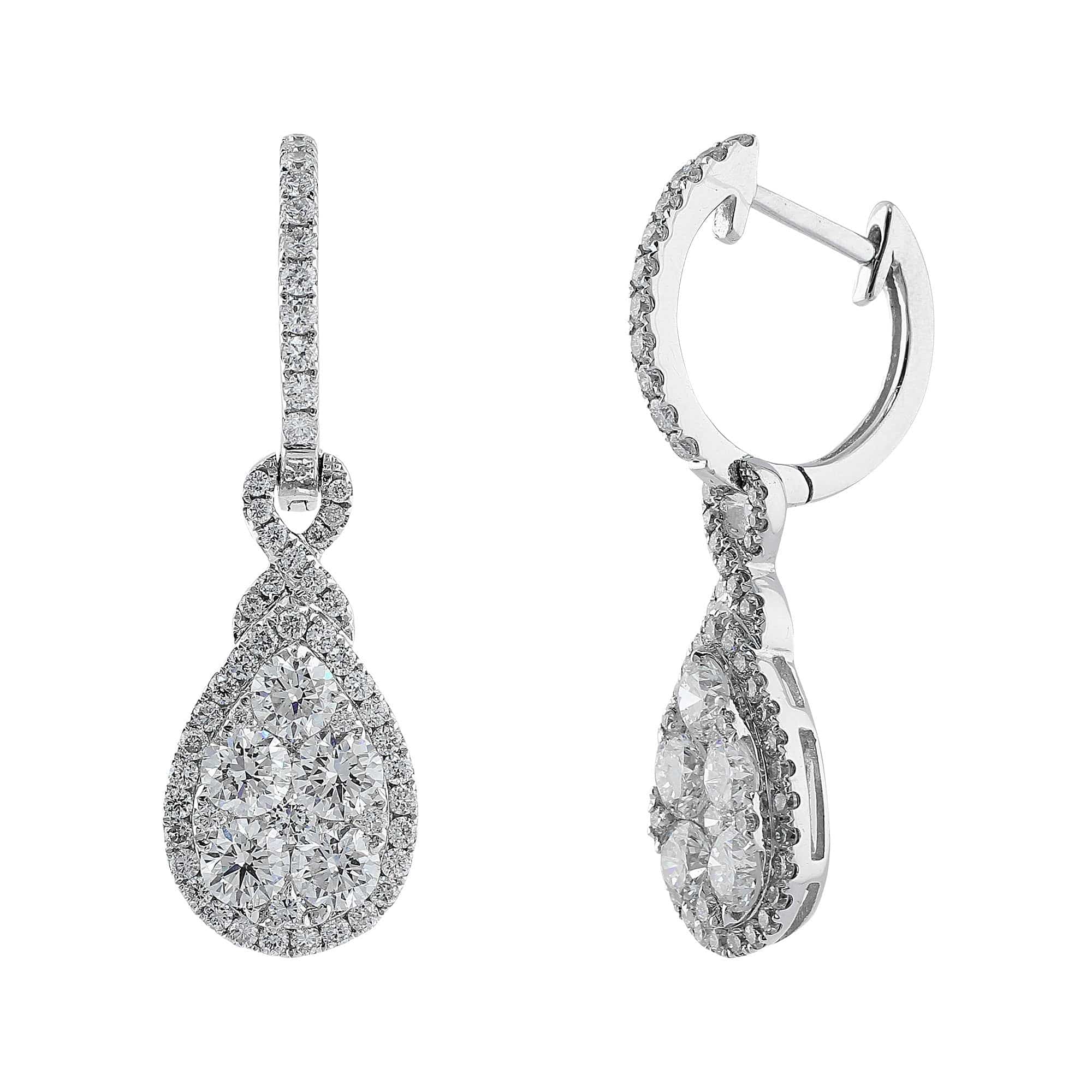 18K White Gold Diamond Cluster Teardrop Earrings for Women - Elegant Dangle Drop Earrings for Wedding, Party & Special Occasions