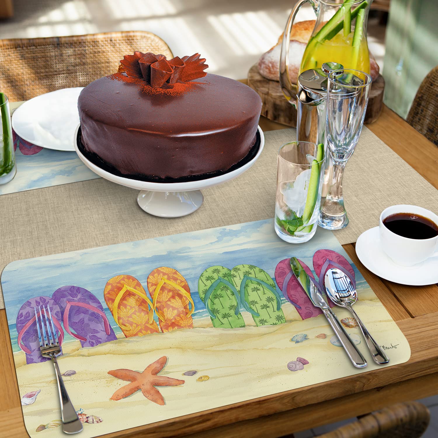CounterArt Toes in The Sand 4 Pack Reversible Plastic Placemats - Durable, Easy-Clean & Flexible for Dining Table, Kitchen, Picnic & Outdoor Use