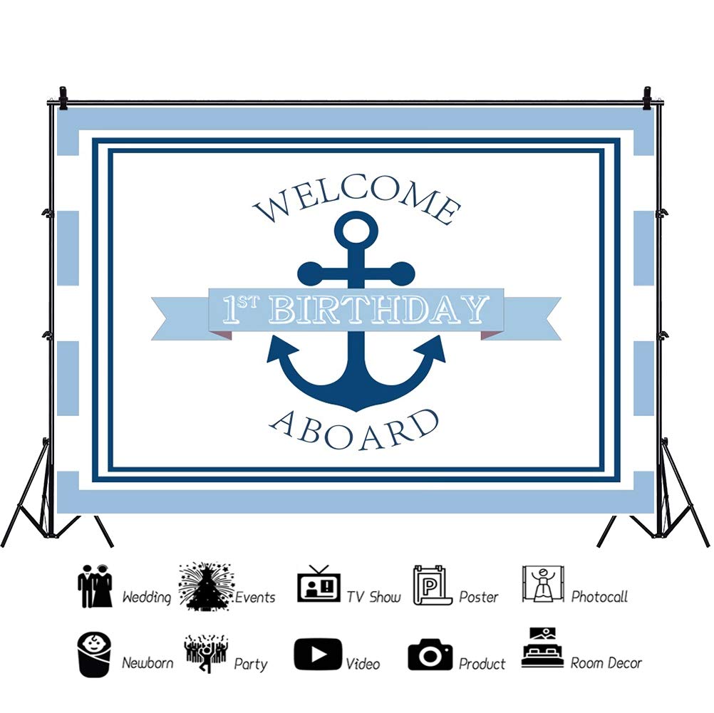 Baocicco 12x8ft Blue Nautical Welcome 1st Birthday Backdrop - Anchor Themed Photography Background for Baby's First Birthday Party, Photo Studio Props & Kids Celebration Decor | Perfect for Birthday Photos, Baby Showers, and Milestone Celebrations