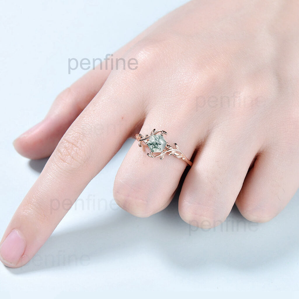 Hexagon Moss Agate Engagement Ring for Women - Solitaire Leaf Flower Design - Perfect for Wedding, Proposal & Anniversary Gifts