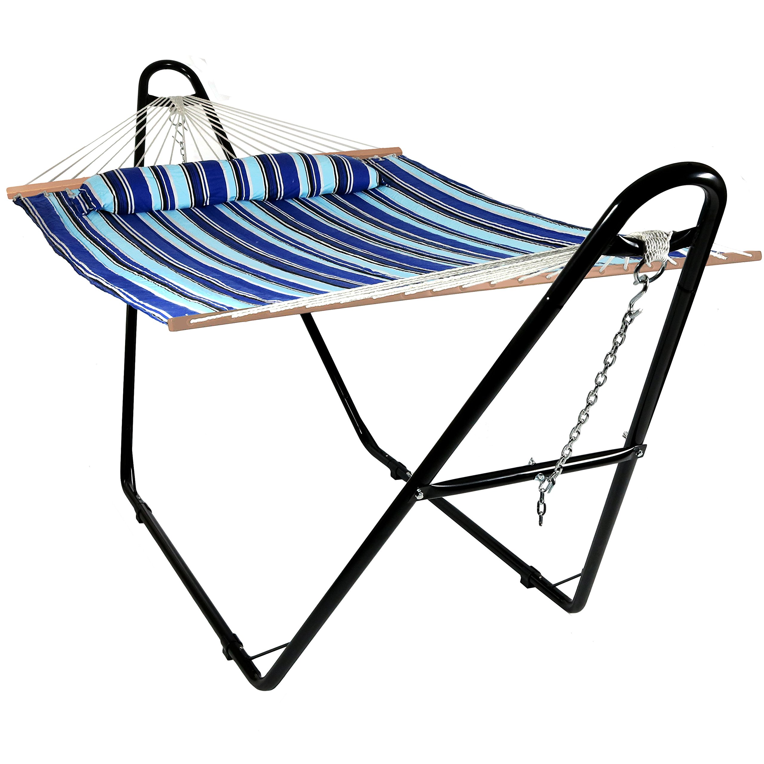 Sunnydaze Double Quilted Fabric Hammock with Universal Steel Stand - 450 lb Weight Capacity - Black - Catalina Beach Pattern - Perfect for Backyard, Patio, Poolside & Beach Relaxation
