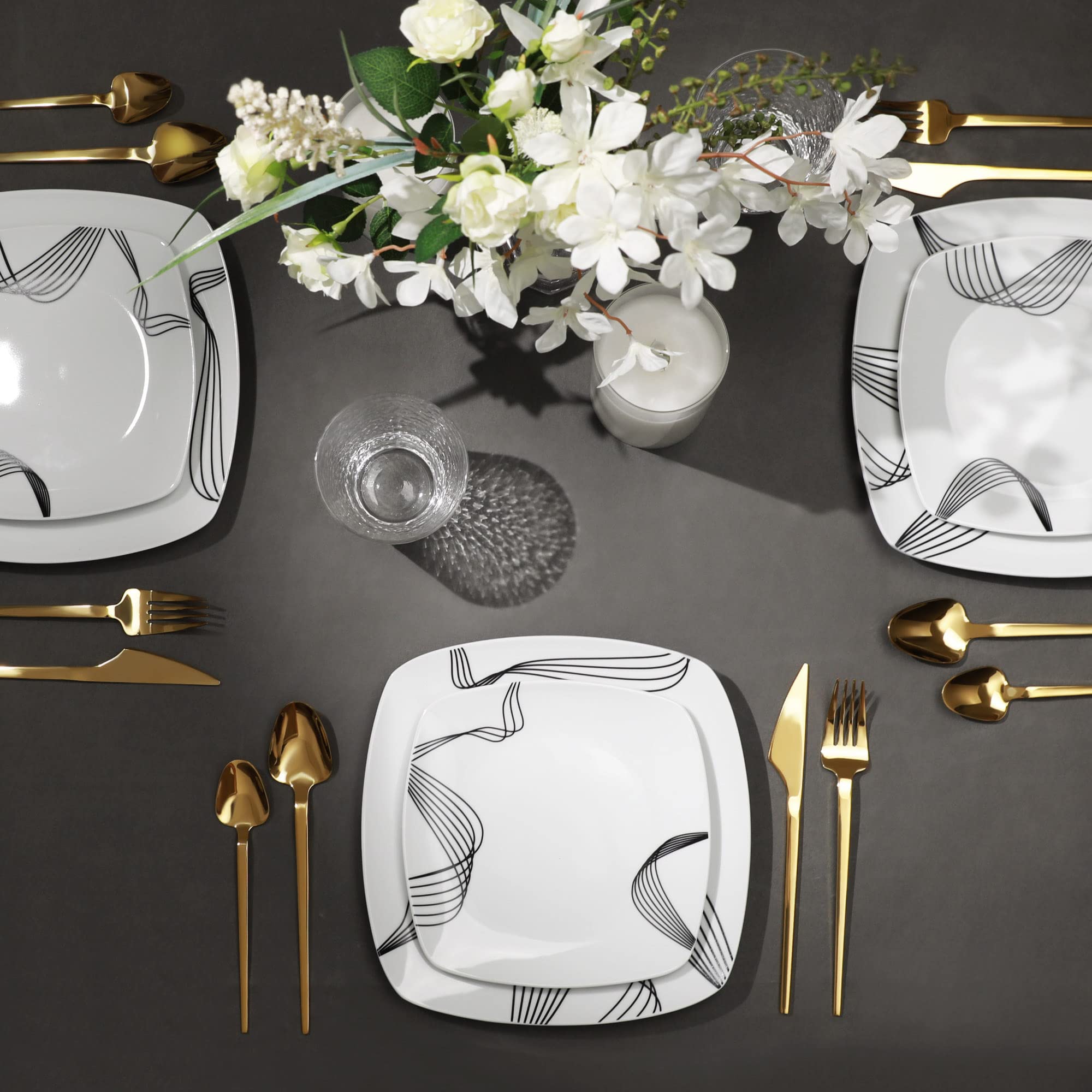 18-Piece Square Porcelain Dinnerware Set for 6 - Modern Ceramic Plates & Bowls - Dishwasher & Microwave Safe - Minimalist Line Spectrum Design - Perfect for Everyday Dining, Dinner Parties & Restaurant Use