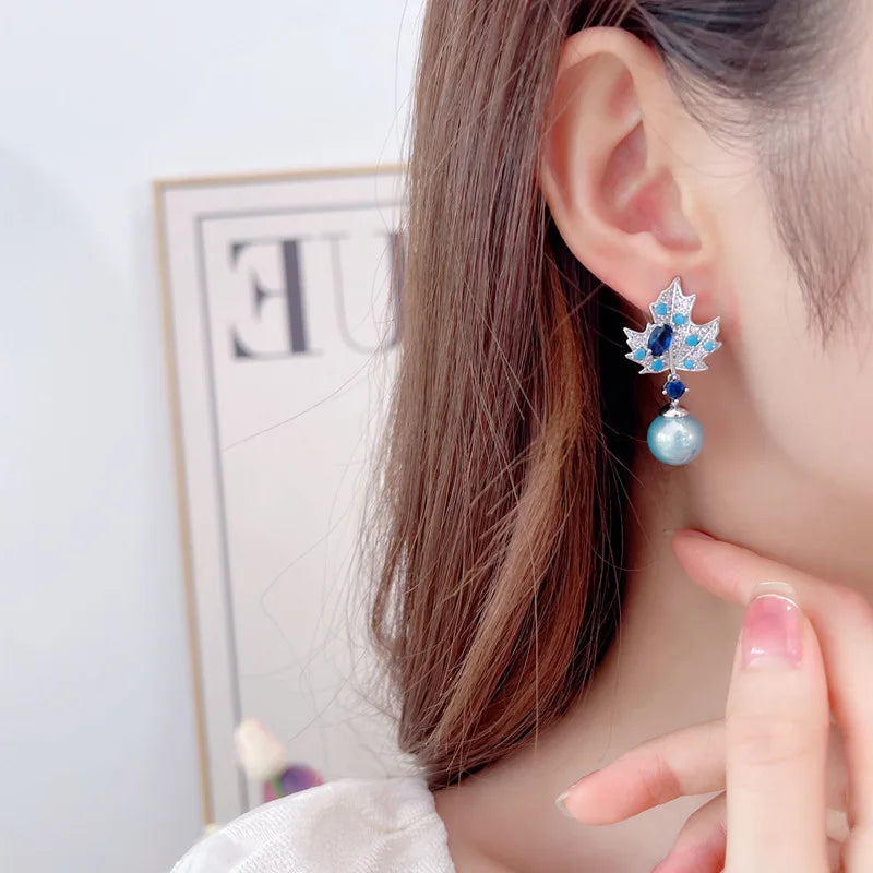 Shiny Crystal Cubic Zirconia Maple Leaf Pearl Earrings for Women | Bridal Wedding Jewelry Accessories | Perfect for Bridal Shower, Anniversary Gifts & Special Occasions LYH069
