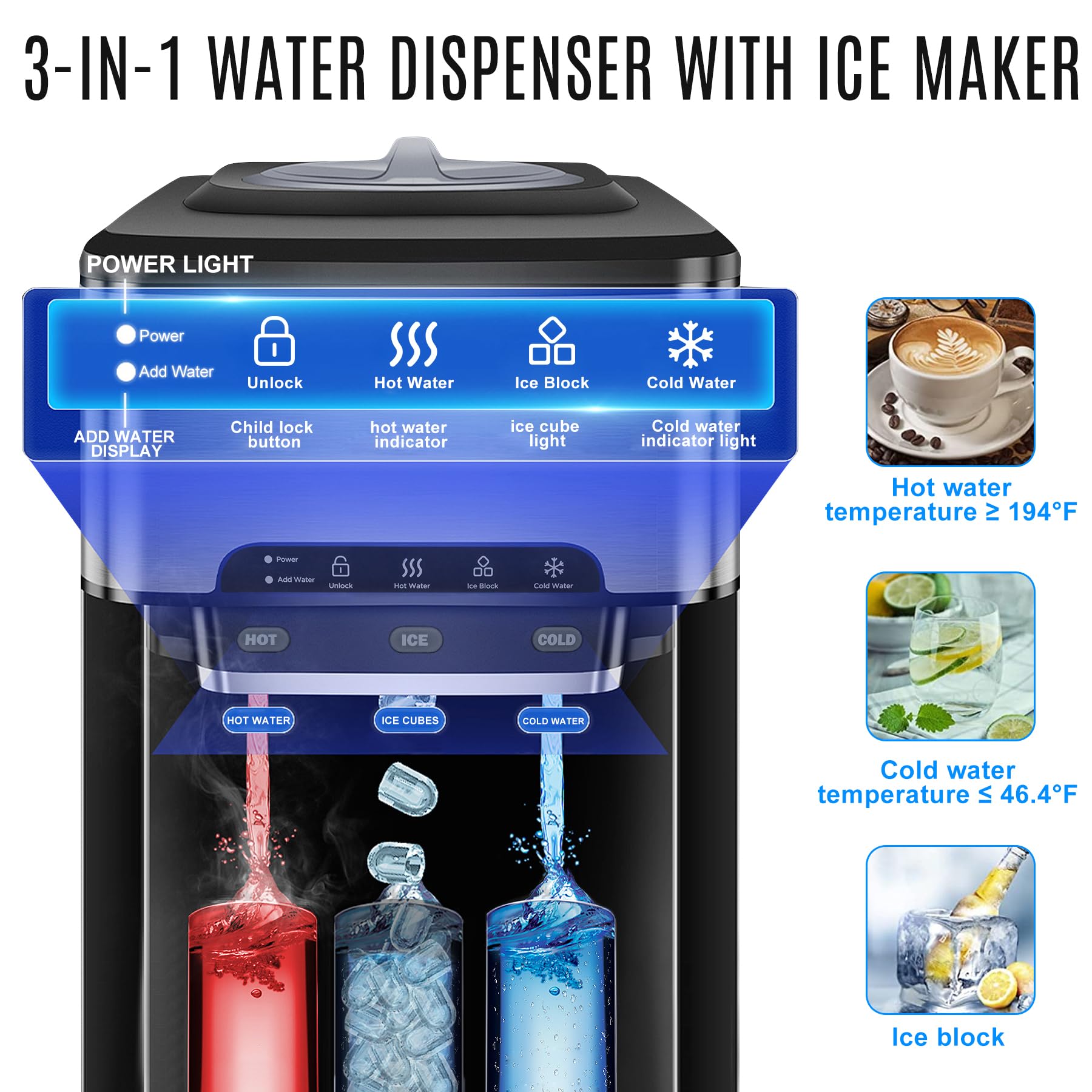 NUNET 3-in-1 Portable Countertop Ice Maker & Hot/Cold Water Dispenser - 44lbs Daily Ice Production, 5 Gallon Capacity, 4lb Ice Storage with Cleaning Kit & Water Pump - Perfect for Home, Office, RV, and Outdoor Use