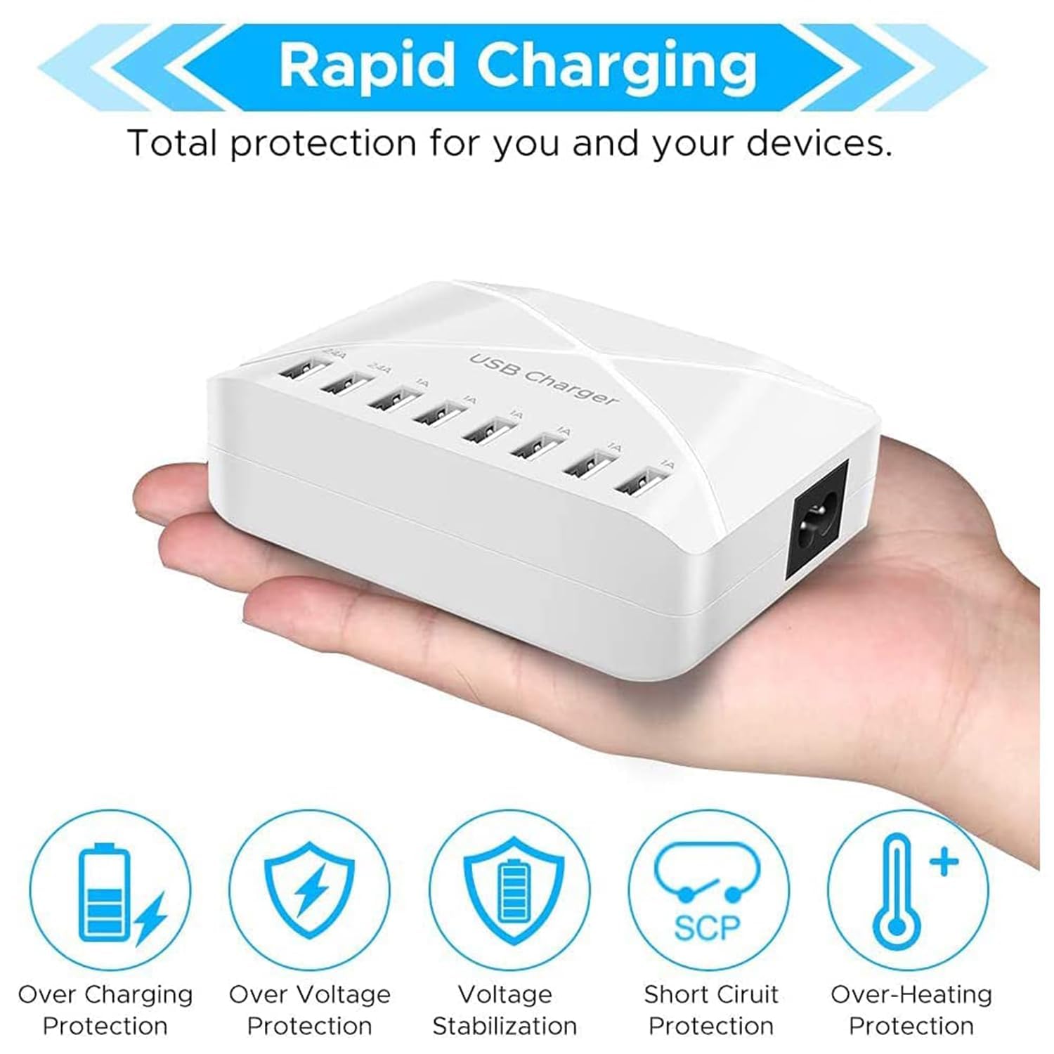 40W 8-Port USB Charging Station with Smart Detect - Fast Multi-Port Desktop & Travel Charger Hub for iPhone, iPad, Tablet & More - Perfect for Home, Office & Travel Use