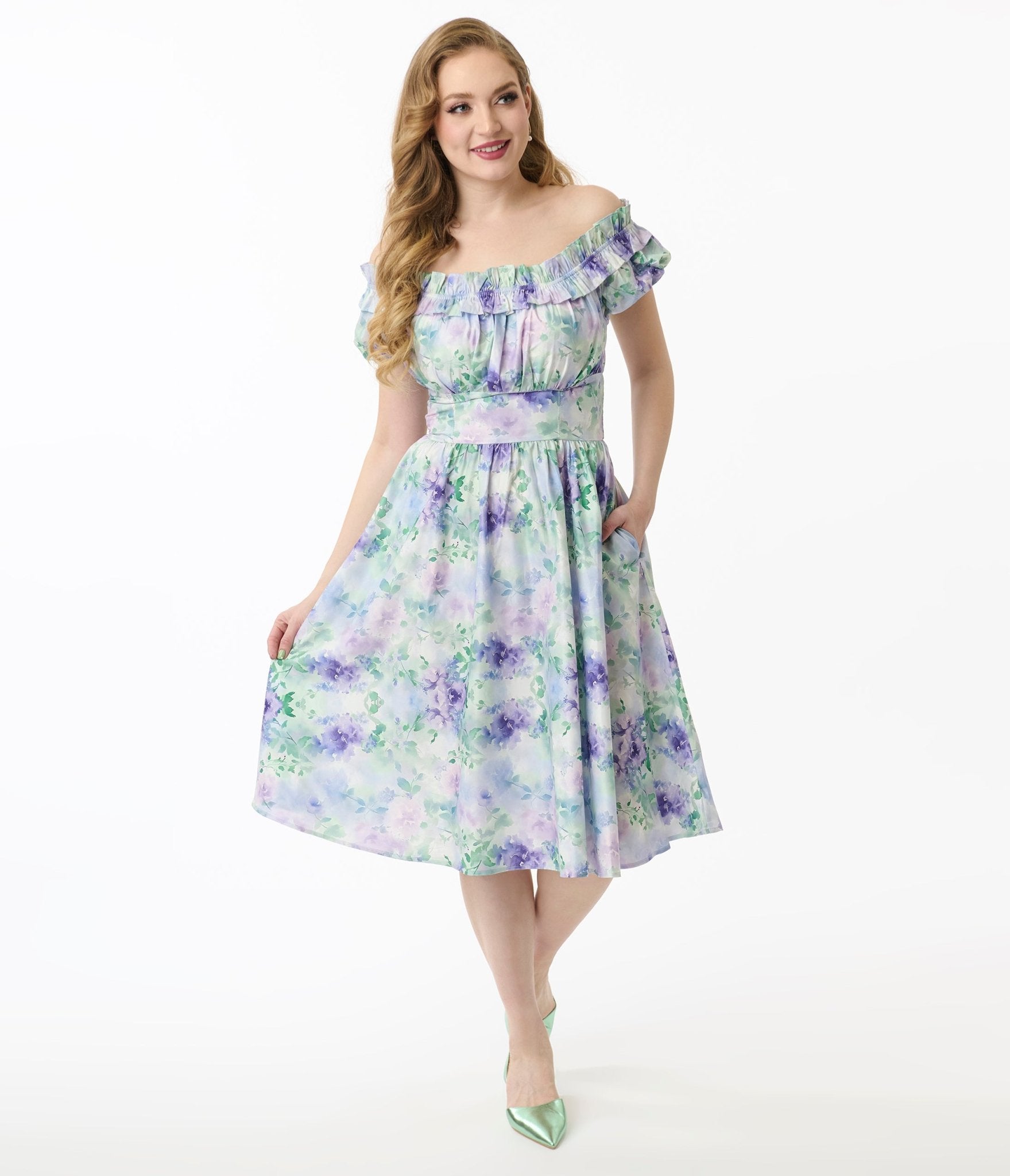 Vintage 1950s Lavender Floral Off-Shoulder Ruffle Swing Dress - Retro Cocktail Party & Summer Wedding Guest Outfit