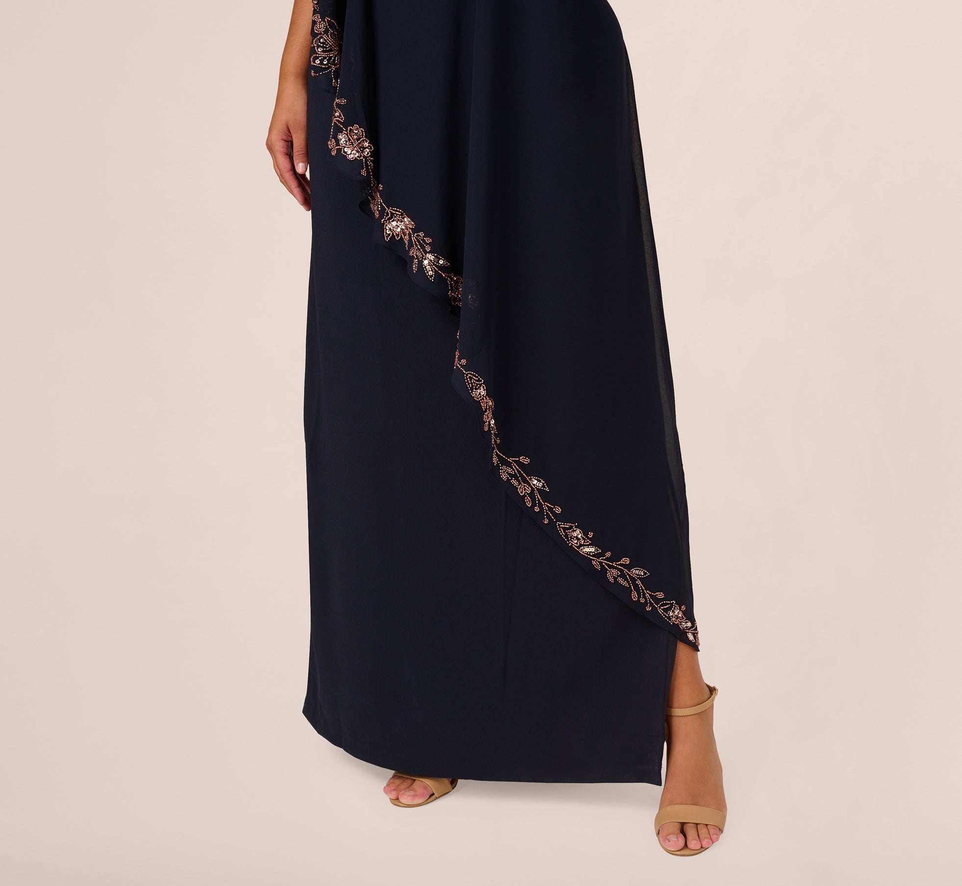 Plus Size One Shoulder Beaded Chiffon Cape Dress for Women - Navy & Rose Gold Formal Gown for Evening Party, Prom, Wedding Guest & Special Occasions