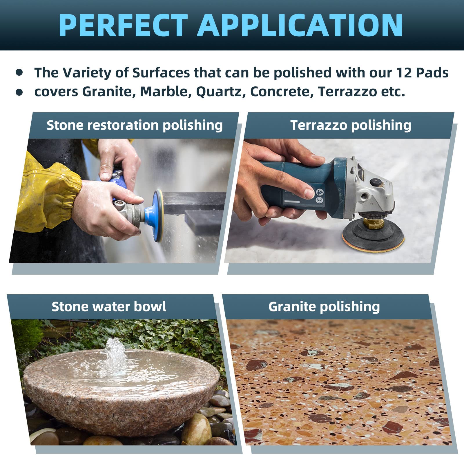 14 Pack 4 Inch Diamond Polishing Pads Kit - 2PCS 5/8’’-11 Backer Pad & 12PCS Wet/Dry Polish Pads for Granite, Marble, Stone, Concrete, Countertop, Quartz - Perfect for Drill, Grinder & Polisher (50-8000 Grit) - Ideal for Home Renovation, DIY Projects & Professional Stone Restoration
