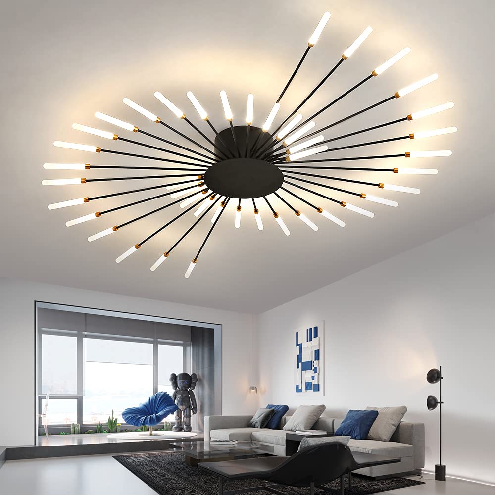Modern Flower Shape LED Ceiling Light - Flush Mount Sputnik Firework Petal Design - Matte Black Metal & Acrylic Lighting Fixture with 42 Lights - Perfect for Living Room, Dining Room, Bedroom Decor - Energy Saving Home Lighting Solution for Modern Interior Design
