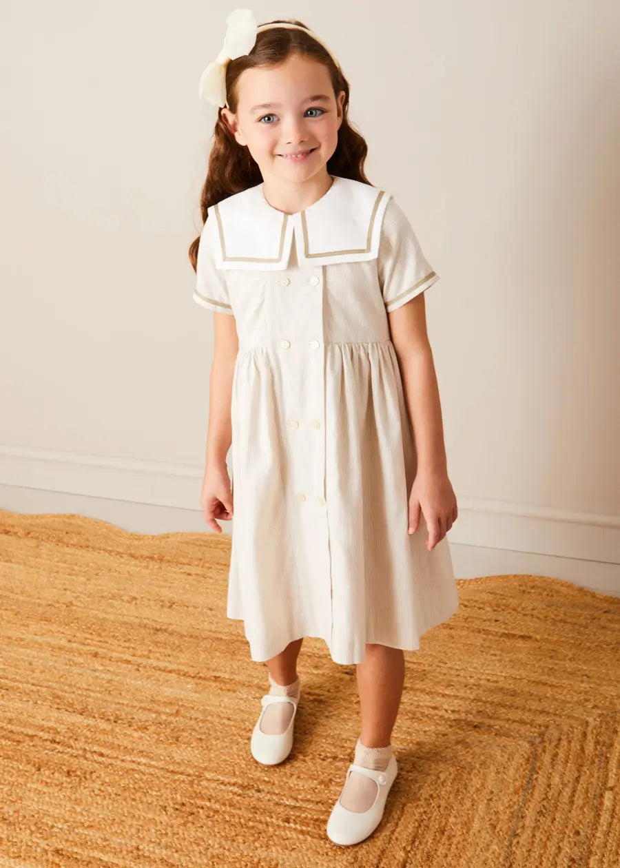 Waterford Striped Mariner Collar Double Breasted Short Sleeve Dress for Girls 12 Months to 10 Years - Beige Nautical Style Summer Outfit for Beach, Party & Casual Wear