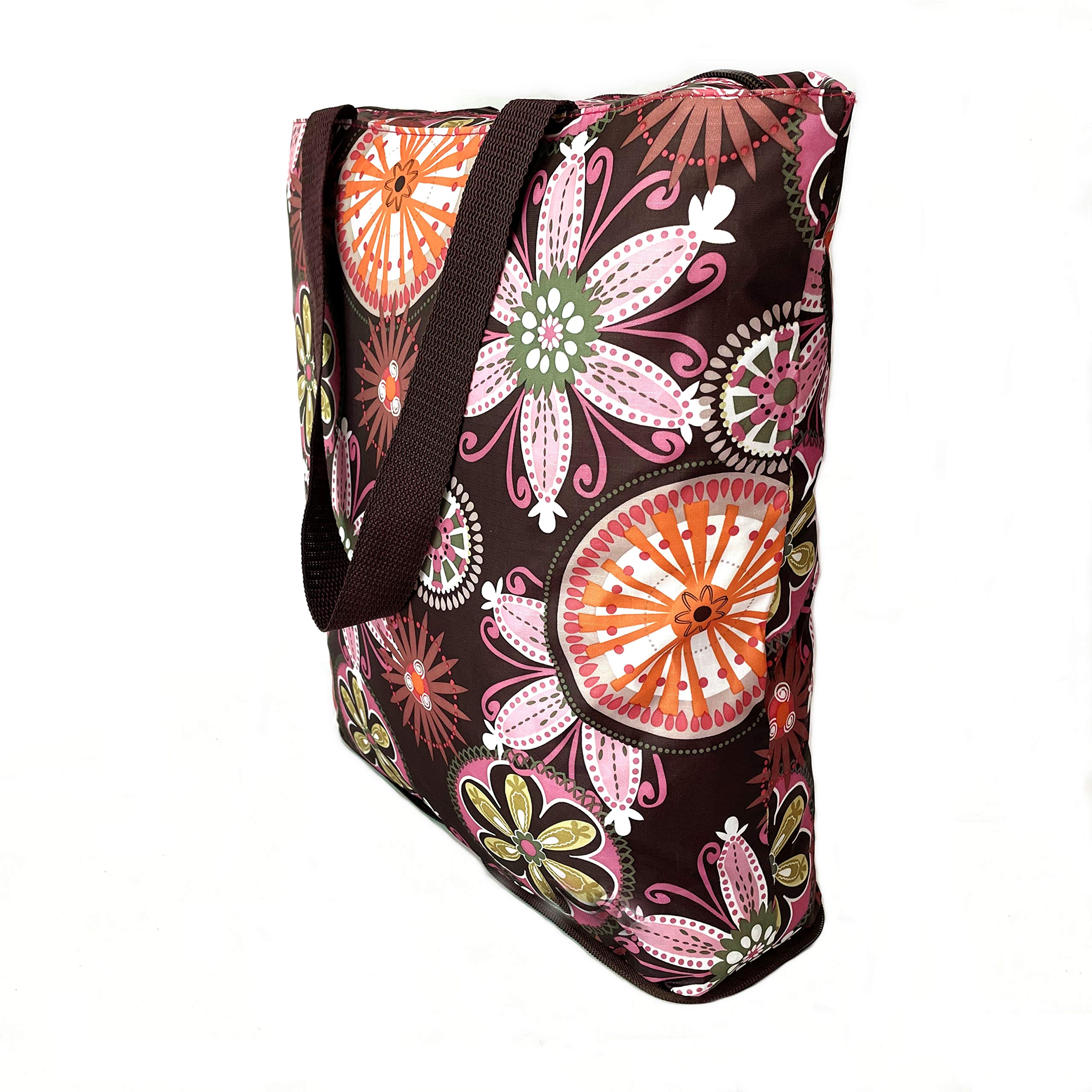 Foldable Waterproof Grocery Tote Bags 2 Pack - Large Reusable Shopping Bags with Zipper Closure, Lightweight & Durable for Daily Use - Floral Design for Groceries, Beach Trips, and Farmers Market Shopping