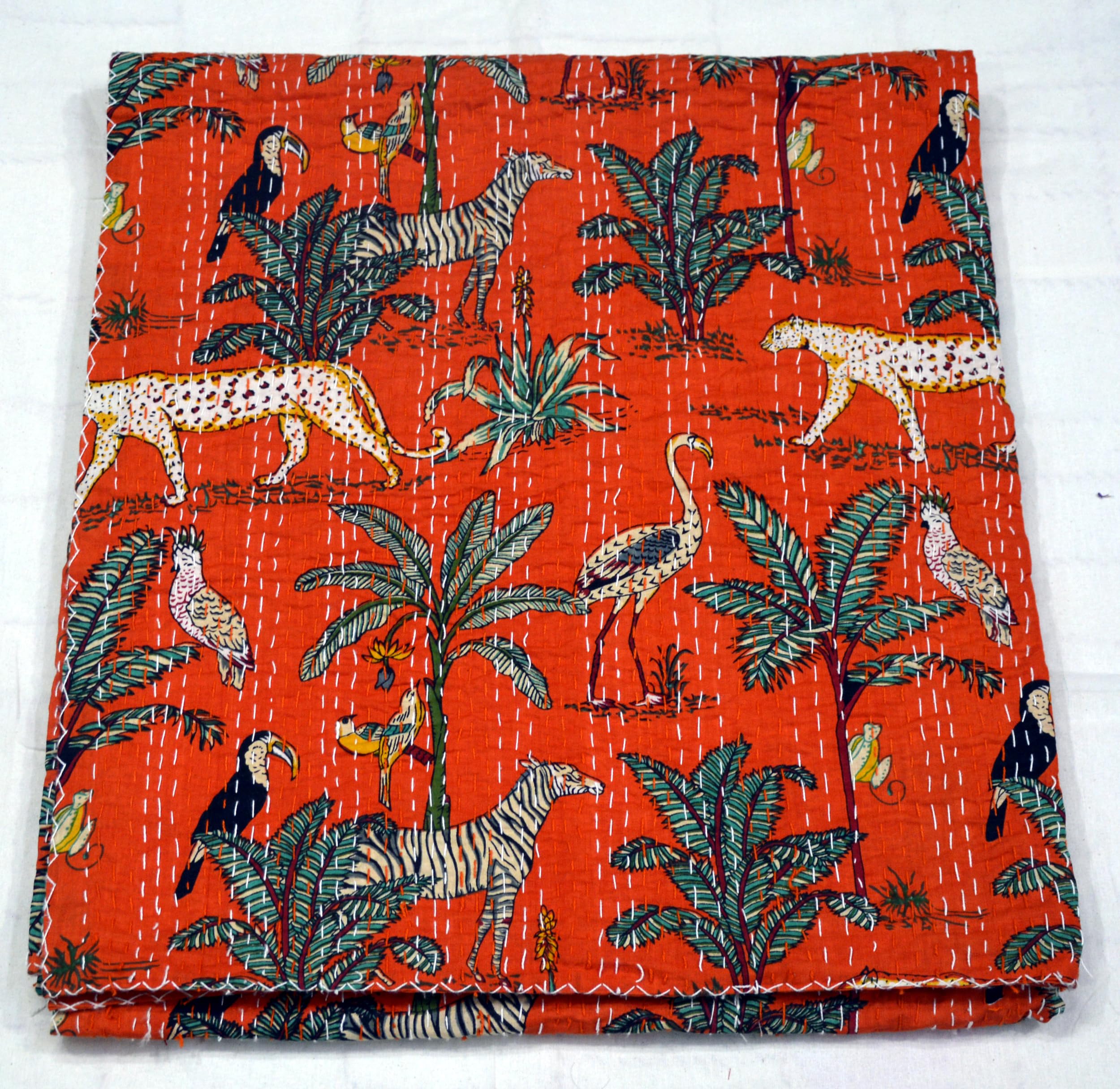 Handmade Indian Cotton Kantha Quilt - Lightweight Vintage Bedspread, Queen Size Orange Hippie Bedding for Boho Chic Bedroom Decor | Perfect for Cozy Nights, Guest Rooms & Bohemian Home Styling