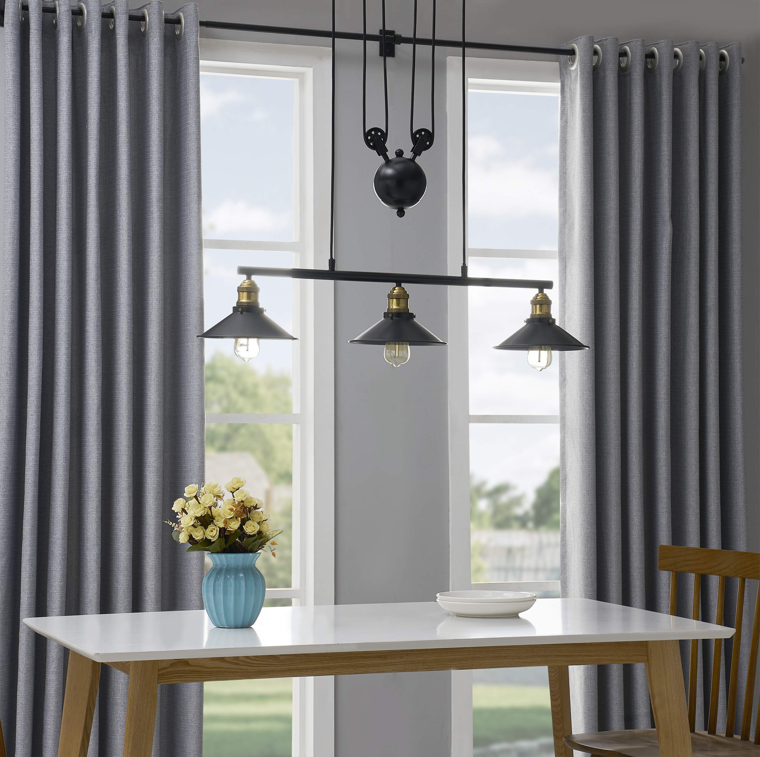WOXXX 3-Light Adjustable Pulley Pendant Light - Industrial Farmhouse Chandelier with Vintage Rustic Design for Kitchen Island, Dining Room & Foyer | Modern Ceiling Lighting Fixture in Black (Perfect for Open Concept Homes & Loft Spaces)