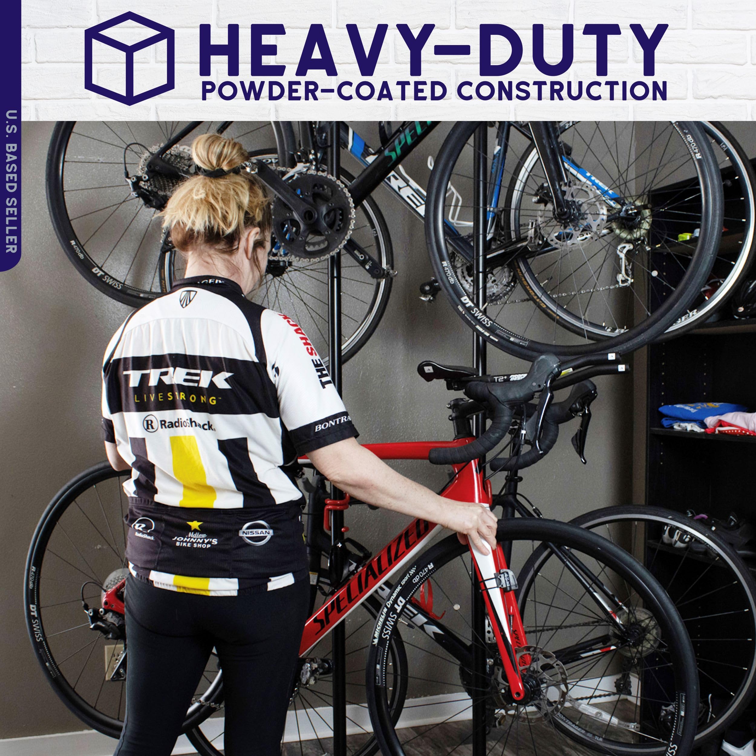 BISupply Vertical Bike Rack Stand for Garage - Heavy Duty Free Standing Floor Bike Storage for 4 Bicycles Up to 160 lbs - Ideal for Mountain Bikes, Beach Cruisers & Fat Tire Bikes - Perfect for Home, Garage or Outdoor Bike Organization