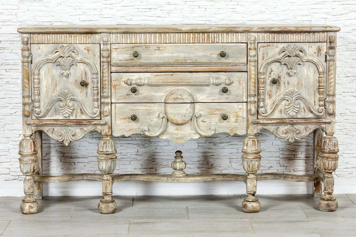 French Arched Hand Carved Indian Solid Wood Console Table - Grey 02 - Elegant Entryway Furniture for Hallway, Living Room & Foyer Decor