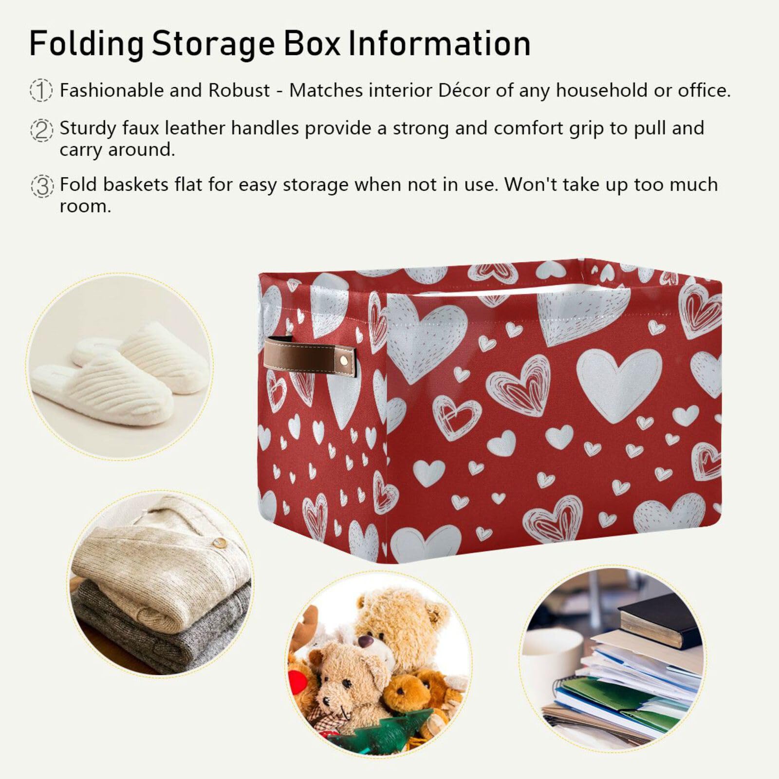 2PCS Red Heart Valentine's Day Fabric Storage Bins with Handles - Closet Organizer Baskets for Clothes, Toys & Home Decor | Perfect for Bedroom, Nursery & Gift Giving
