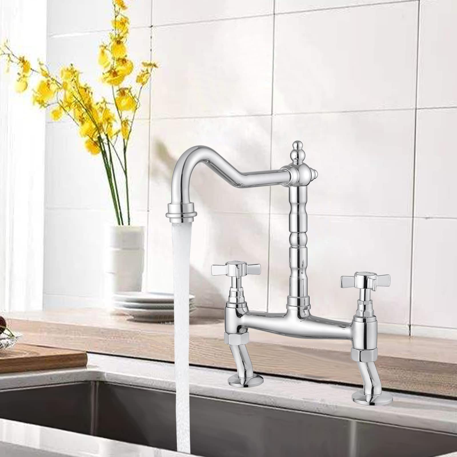 JASSFERRY Classic Deck Mixer Chrome Cross Handles Deck Mounted Monobloc Traditional 2-Hole Kitchen Sink Faucet with Swivel Spout - Perfect for Modern Farmhouse, RV & Apartment Kitchen Renovations