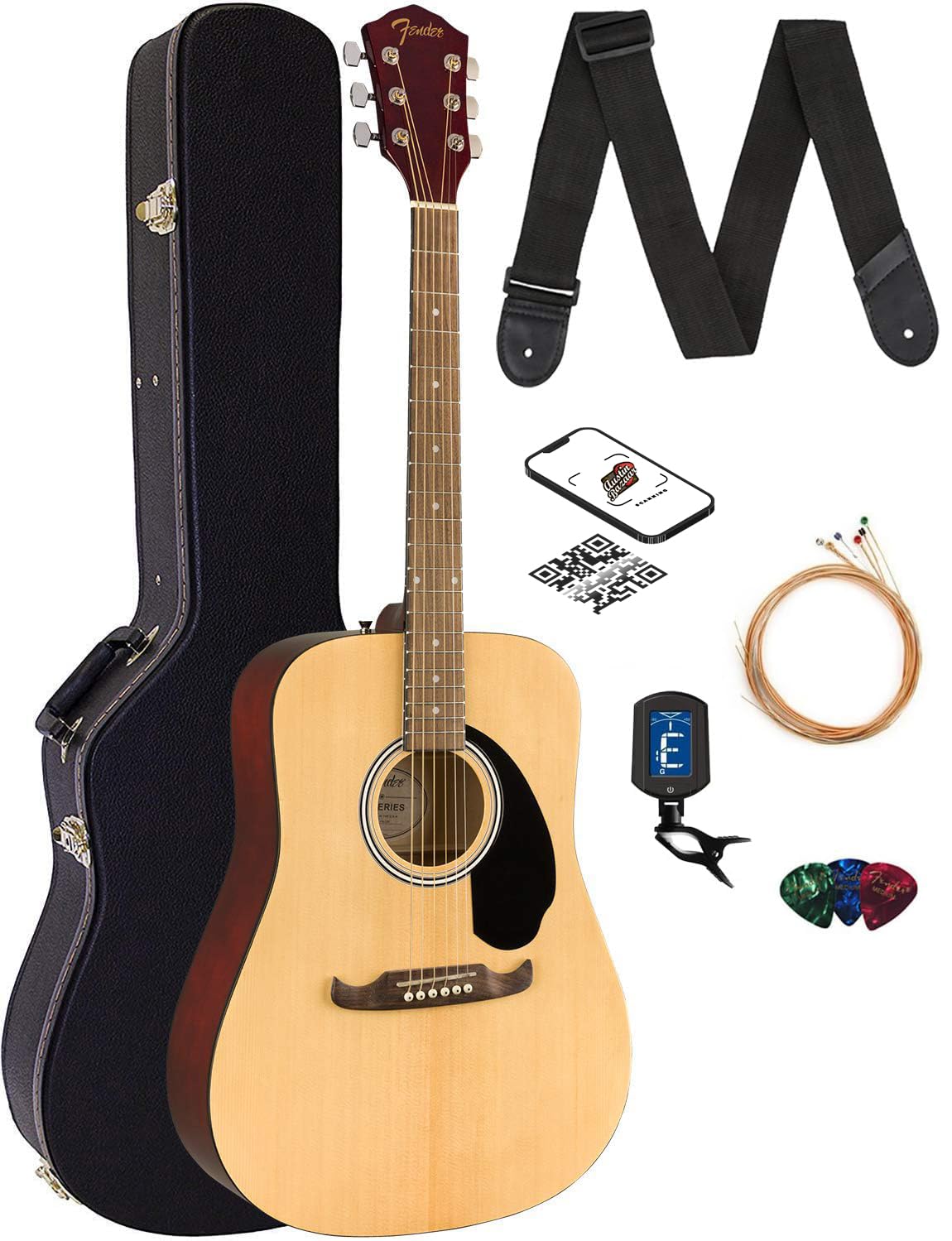 Fender FA-125 Dreadnought Acoustic Guitar Bundle with Hard Case, Tuner, Strap, Strings & Picks - Natural Finish | Perfect for Beginners, Campfire Singalongs & Home Recording Studios