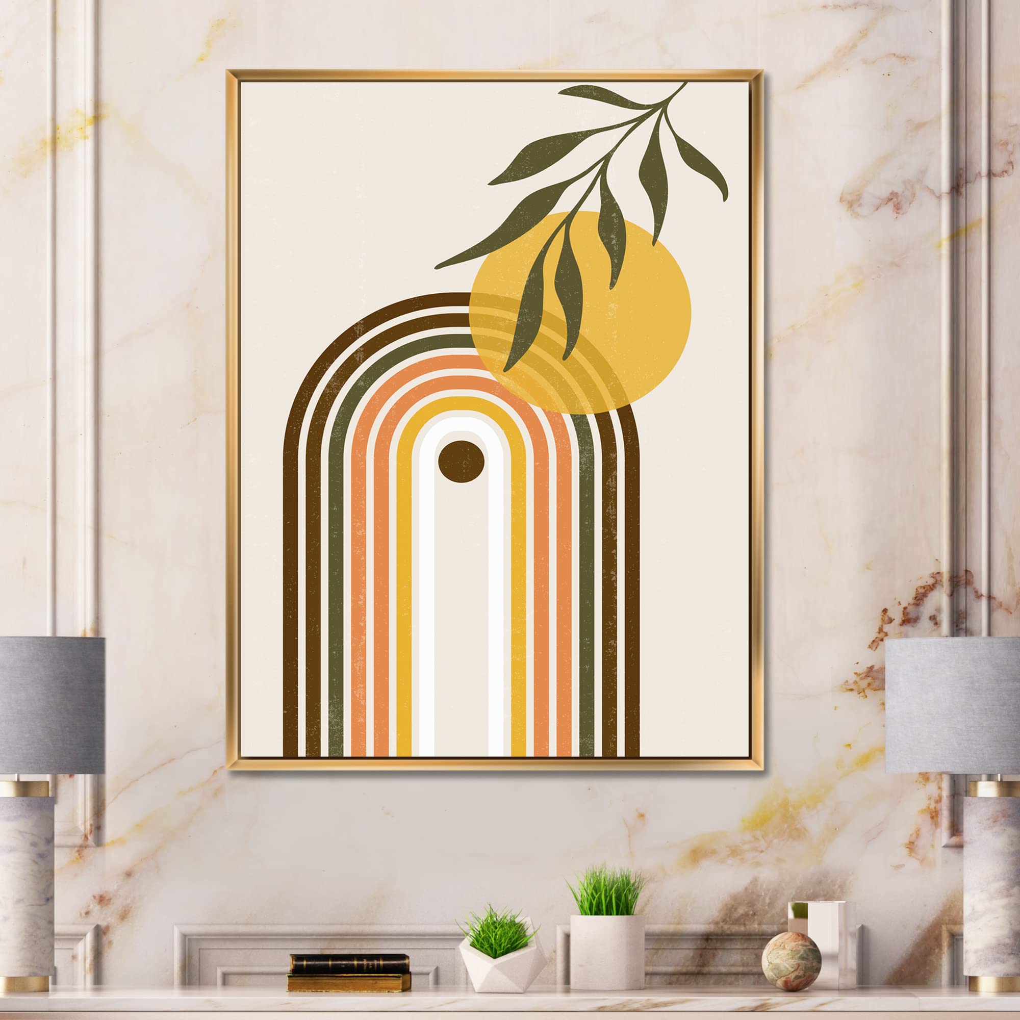 Abstract Yellow Sun with Retro Rainbow - Modern Framed Canvas Wall Art Print for Living Room, Bedroom & Office Decor | Home Wall Decorations & Gifts