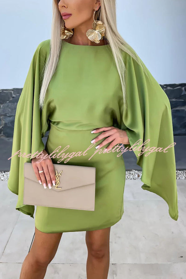 Elegant Satin Butterfly Sleeve Mini Dress with Elastic Waist for Women - Perfect for Cocktail Parties, Weddings & Formal Events