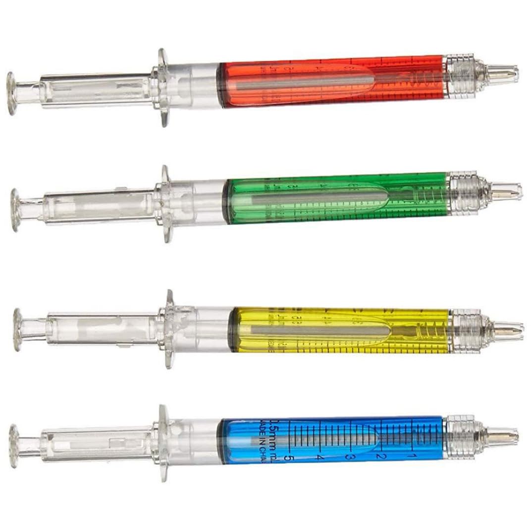 Creative Syringe-Shaped Ballpoint Pens - Multi-Function Writing Pens with Red, Green, Blue & Yellow Ink - Unique Imitation Pin Design for Office, School & Art Projects - Fun Novelty Gift Idea for Nurses, Doctors & Medical Students