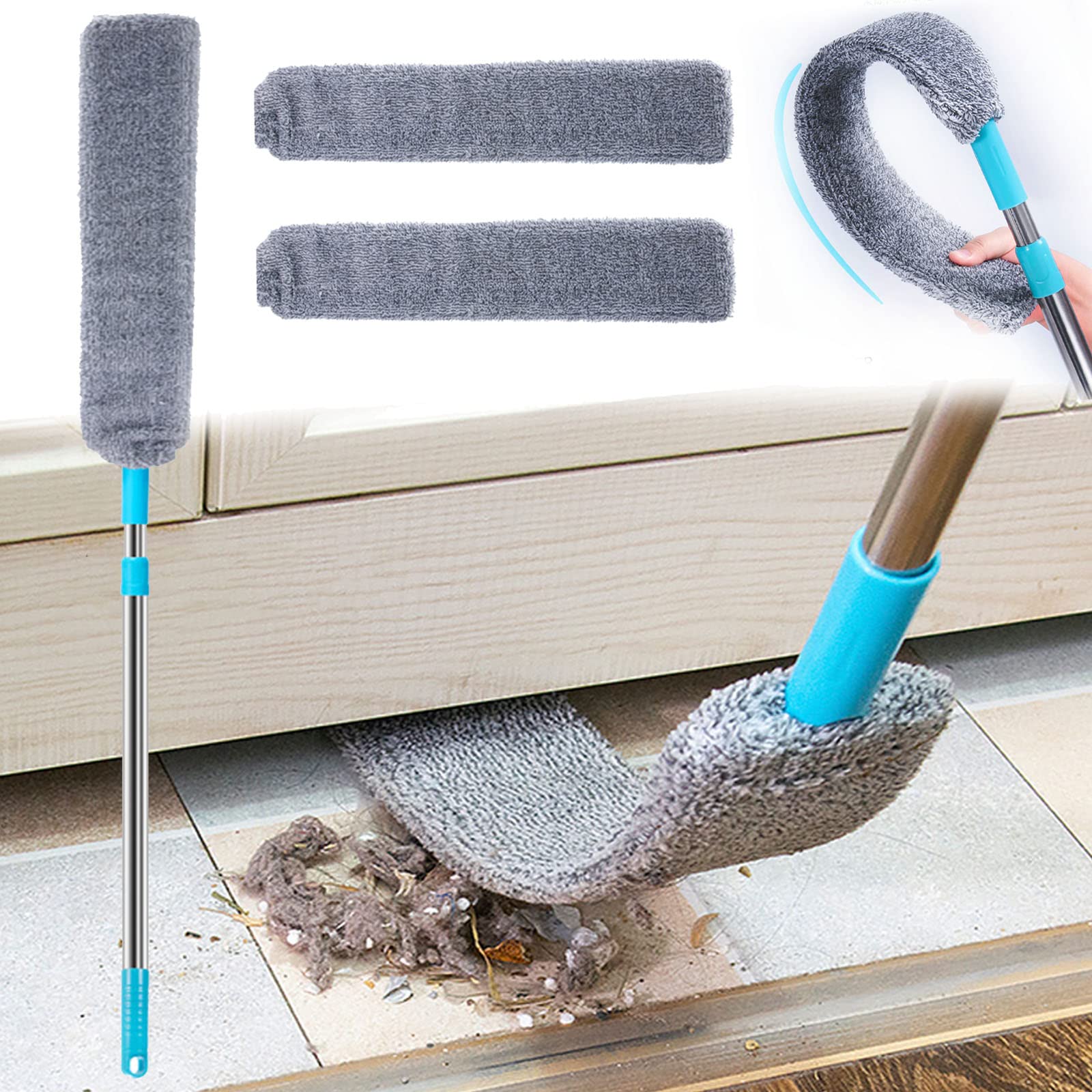 KCVCAO Retractable Gap Dust Cleaner - Under Appliance & Refrigerator Duster Tool with 2 Replaceable Cloths | Compact Cleaning Brush for Tight Spaces, Home & Office Use