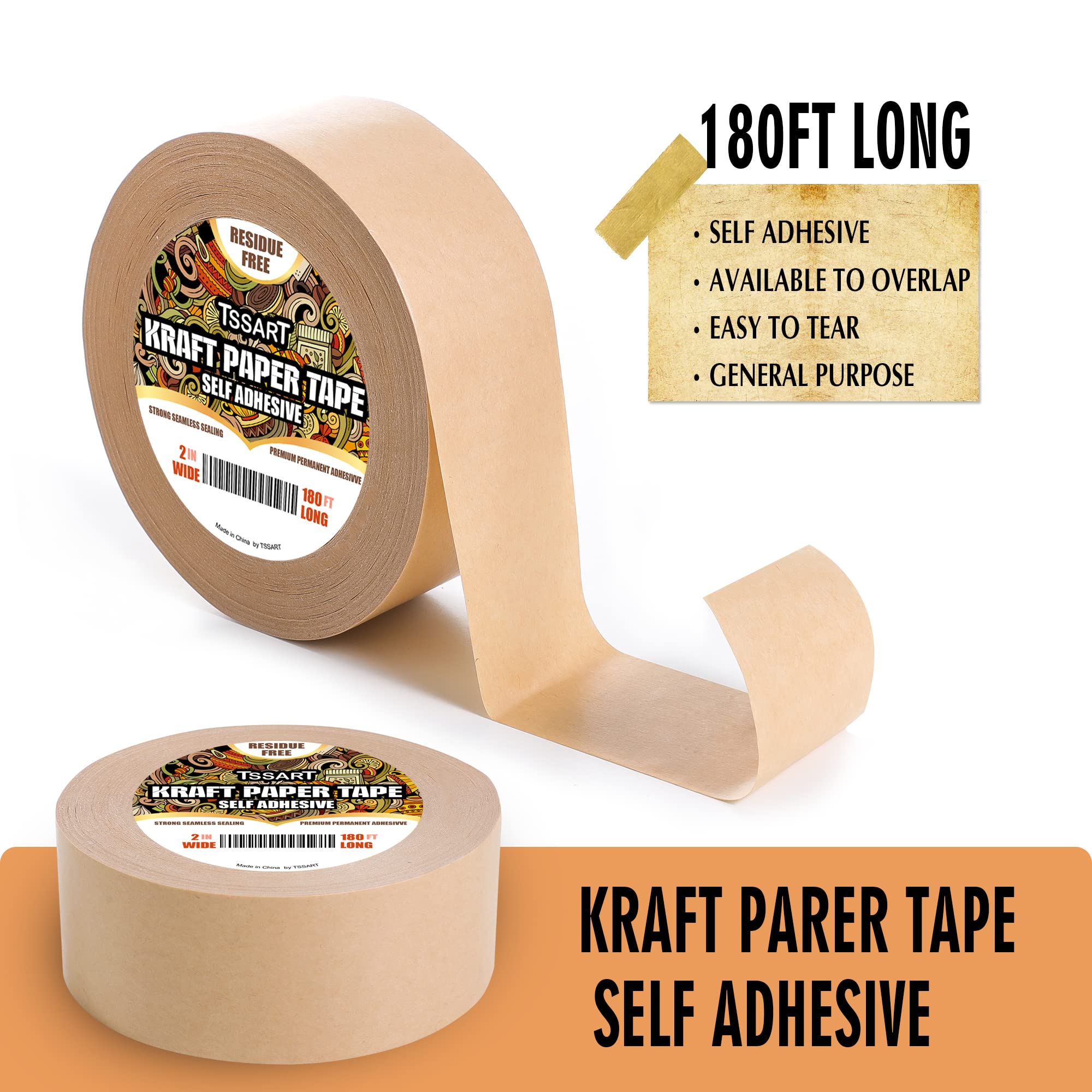 Kraft Paper Tape - 2 Inch Wide 180FT Long Self-Adhesive Brown Packing Tape for Picture Framing, Masking, Sealing & Packaging | Oxidation Resistant & Durable | Perfect for Arts & Crafts, Shipping Boxes & Home Organization
