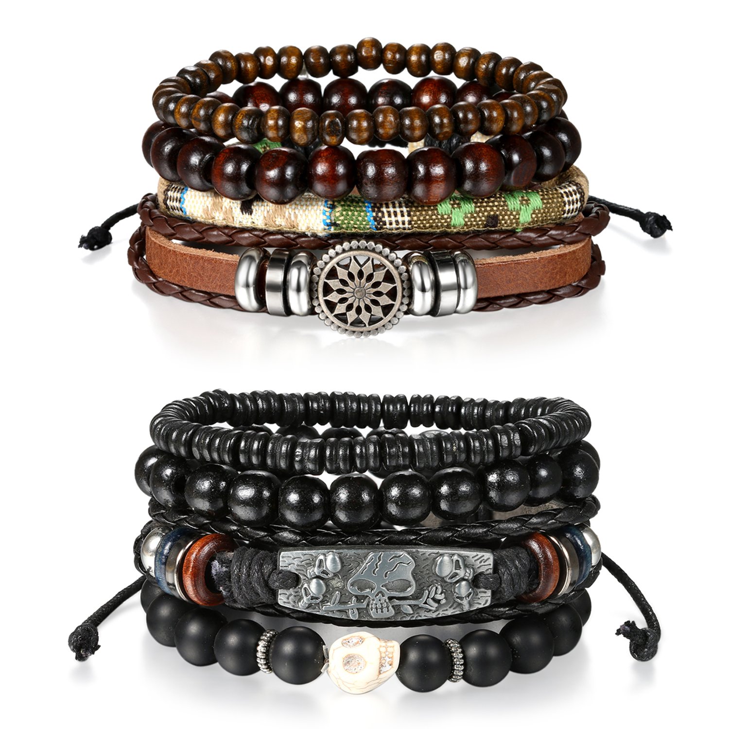 Cupimatch 8 Pcs Genuine Leather Wrap Bracelets with Wood Beads - Adjustable Wristbands for Men & Women (7-11 inches) - Perfect for Casual Wear, Music Festivals, and Boho Style Outfits