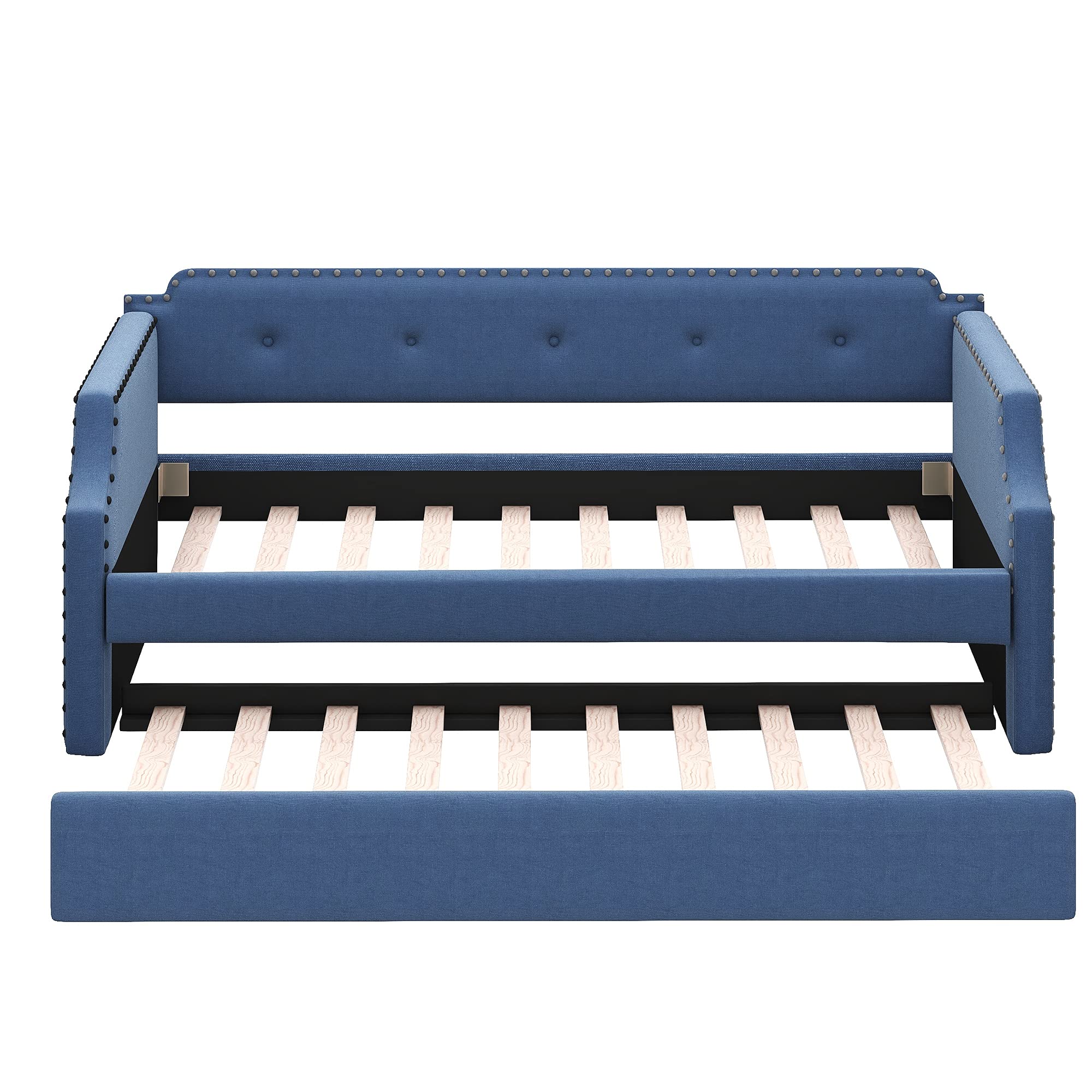 Merax Twin Size Upholstered Daybed with Trundle - Wooden Sofa Bed for Living Room & Guest Room, No Box Spring Needed, Blue Fabric | Perfect for Small Spaces, Sleepovers & Multi-Purpose Furniture