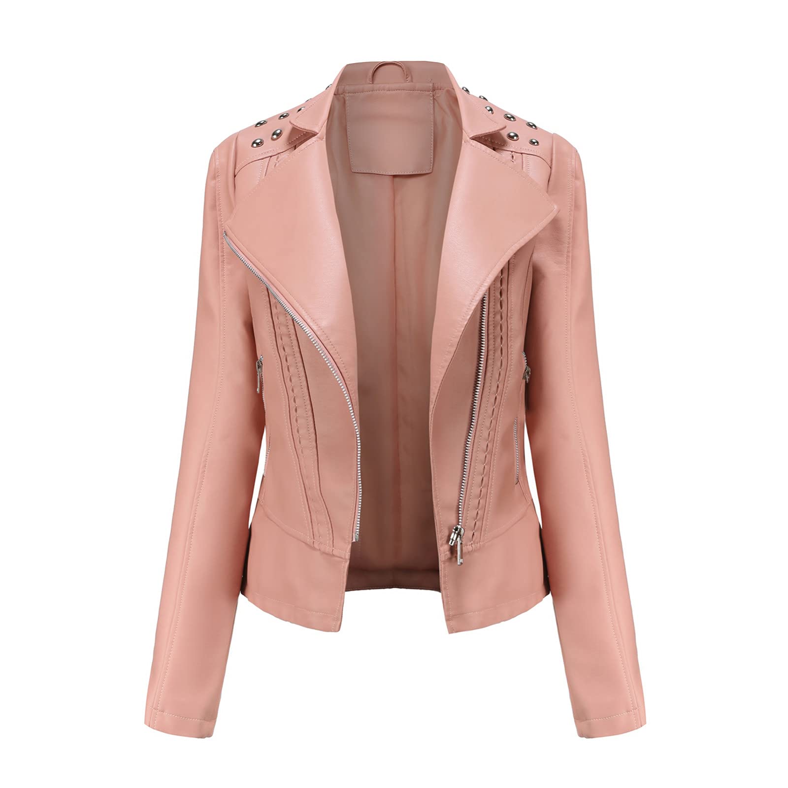 Women's Vintage PU Leather Moto Biker Jacket with Zip Pockets - Stylish Short Coat for Autumn & Spring - Perfect for Casual Outings, Motorcycle Rides & Night Out Events