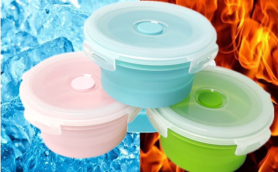 3-Pack Collapsible Silicone Food Storage Containers with Lids - 17oz (500ml) Microwave, Freezer & Dishwasher Safe - Space-Saving Foldable Lunch Bowls for Meal Prep, Office Lunch & Camping