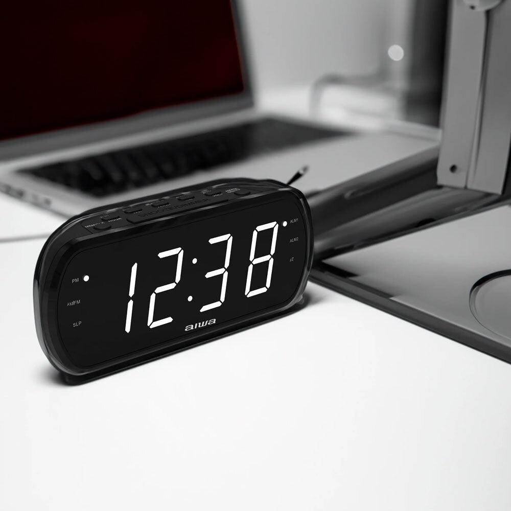 Aiwa Dual Alarm Clock Radio with Large LED Display & Backup Battery - Digital AM/FM Clock Radio with Snooze, Sleep Timer & Nightlight for Bedroom, Office, Travel (Black)