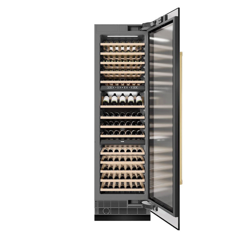 ZLINE Autograph Edition 24 Inch 12.4 Cu Ft Triple Zone 100 Bottle Wine Cooler Refrigerator - Black Stainless Steel with Gold Accents - Perfect for Home Bars, Wine Cellars, and Entertaining Spaces