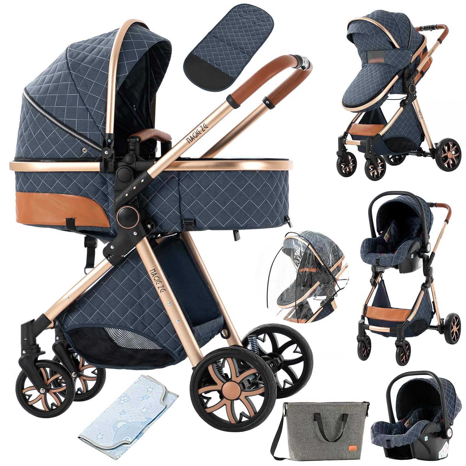 3 in 1 Reversible Baby Stroller Travel System - Foldable Luxury Pram Buggy for Newborn & Toddler (Blue) | Portable Lightweight Pushchair for Shopping, Park & Air Travel | MGV9 Model Without Base